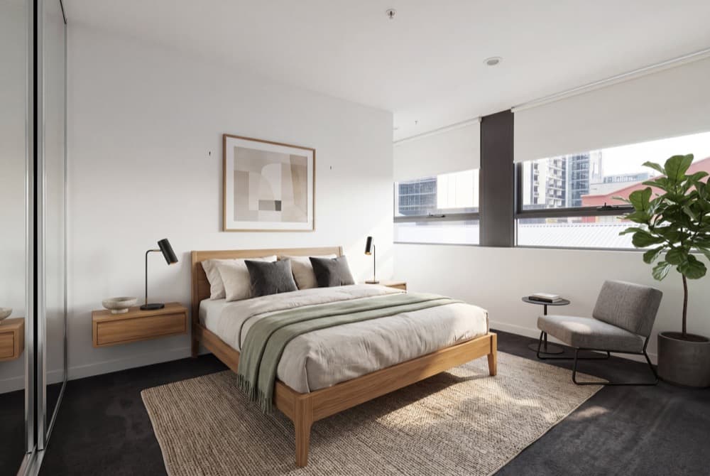 A bedroom shot against a bright window, exposure corrected